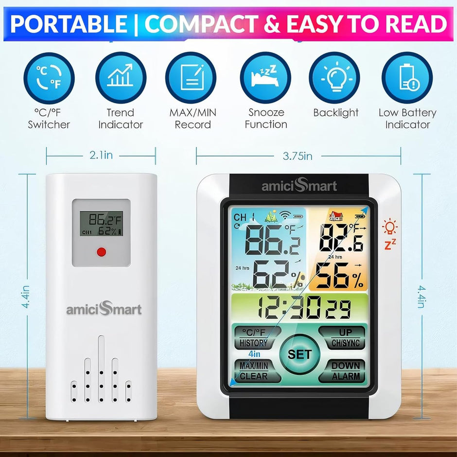Digital Weather Station, Outdoor/Indoor Temperature and Humidity Monitoring Device with Touch Screen and Clock Function
