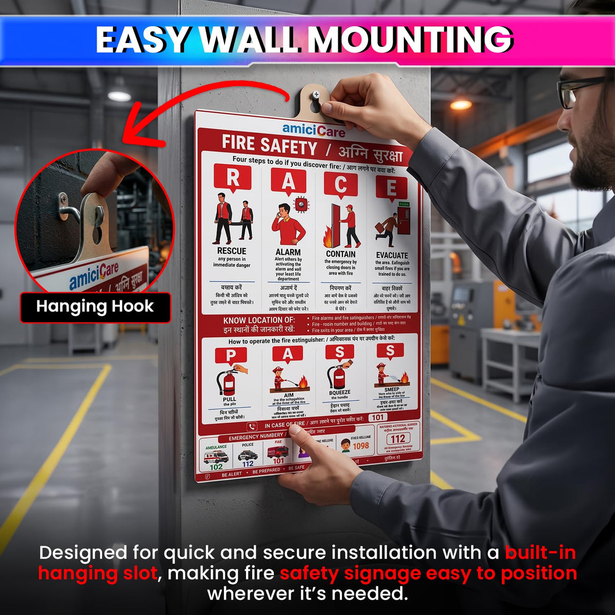 Fire Safety Instruction Sign Board for Home & Office English & Hindi Fire Safety Guide Pack of 4