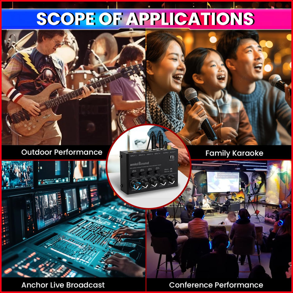 Mini Audio Mixer–Ultra Low-Noise 4-Channel Stereo Line Mixer| Independent Volume Control amiciKart c0tmiz-hs.myshopify.com