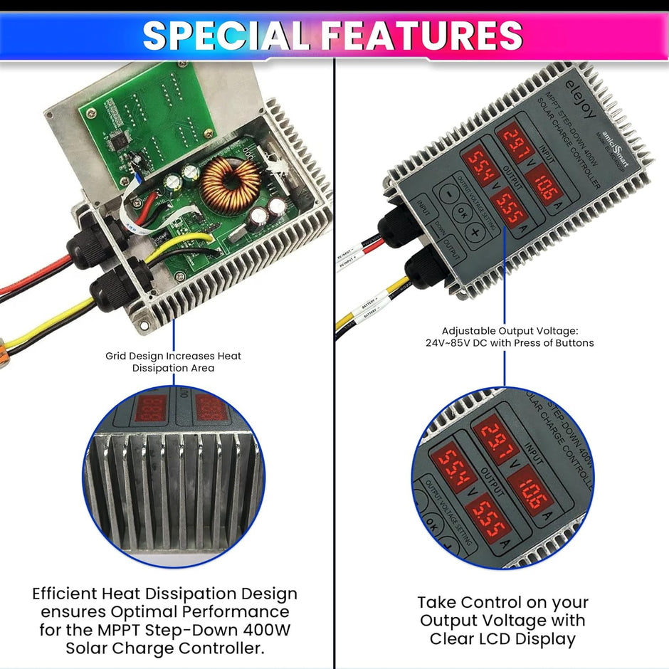 400W MPPT Solar Charge Controller with Step-Down Module, Weatherproof, 97% Efficiency