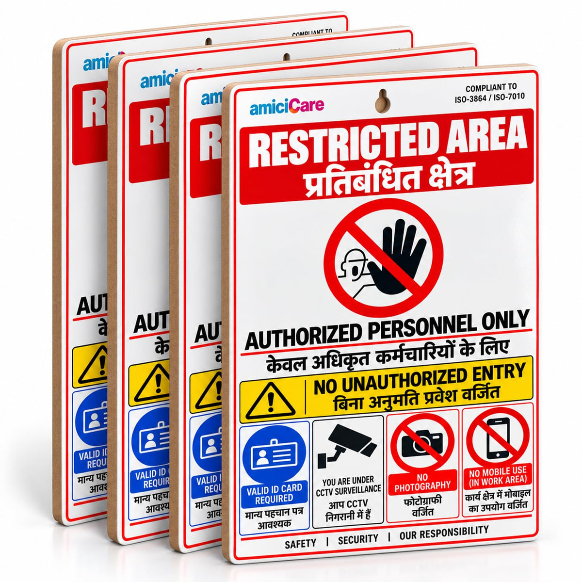 Restricted Area Safety Sign Board, English & Hindi  CCTV Warning | No Photography Wall Hanging Sign, Pack of 4