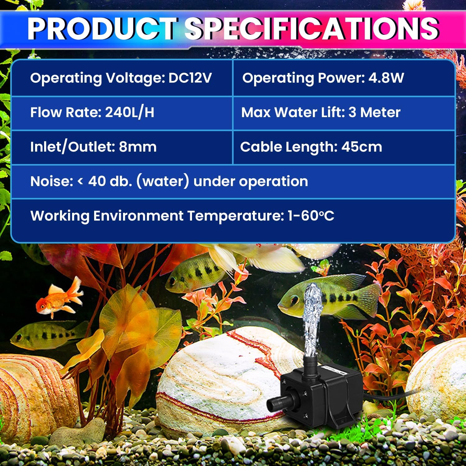 Submersible Water Pump 25W, 800 L/H Flow with 5m Pure Copper Motor & Ultra-Quiet Operation