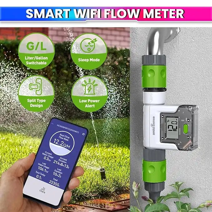 WiFi Garden Hose Water Flow Meter – LCD & App Tracking, Usage Alerts, 3/4” Hose Compatible