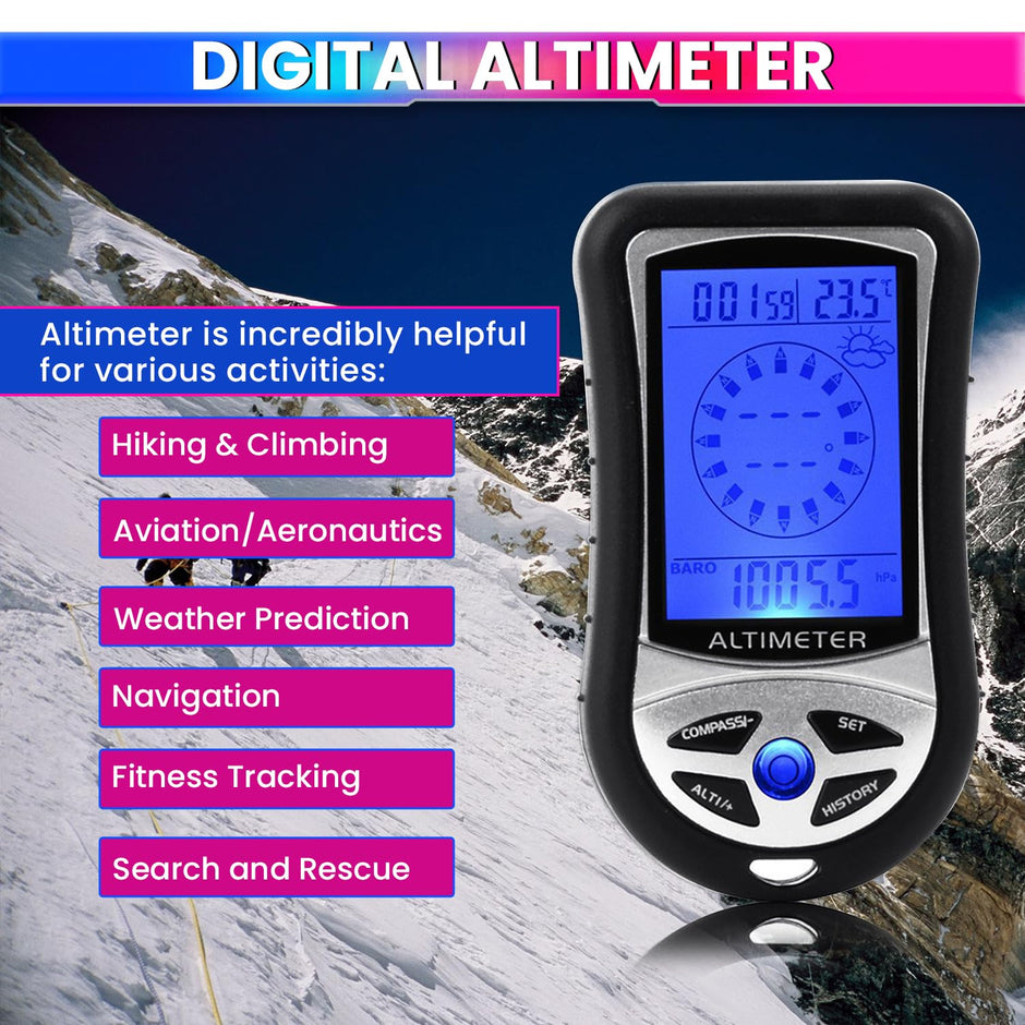 amiciSense Ultra Practical 8 in 1 Digital Compass Altimeter Barometer Thermometer Weather Forecast Time Height Gauge LCD Backlight with 2xAAA Battery