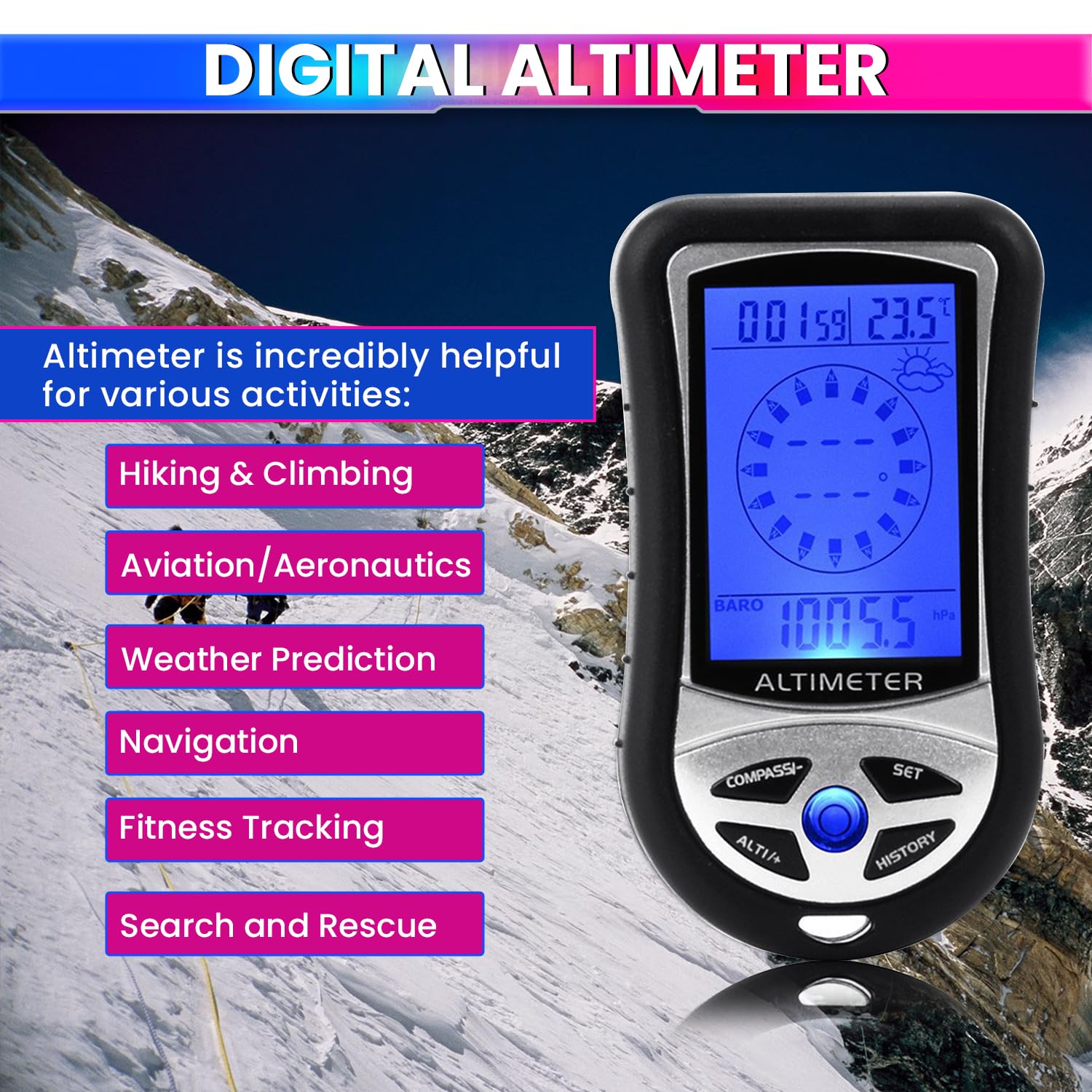 amiciSense Ultra Practical 8 in 1 Digital Compass Altimeter Barometer Thermometer Weather Forecast Time Height Gauge LCD Backlight with 2xAAA Battery