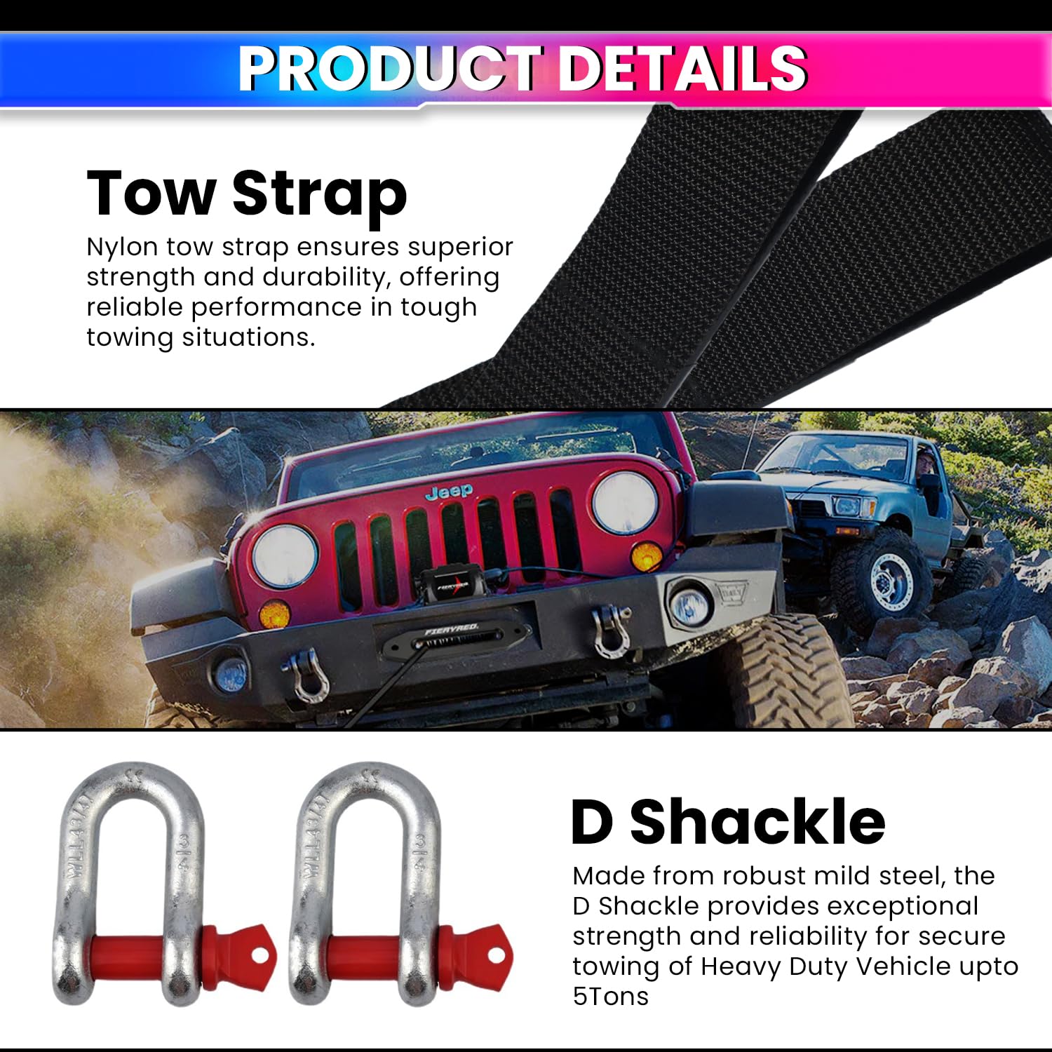 Heavy-Duty Tow Strap 4m Length, High-Strength Nylon Recovery Strap with Reinforced Loops amiciKart