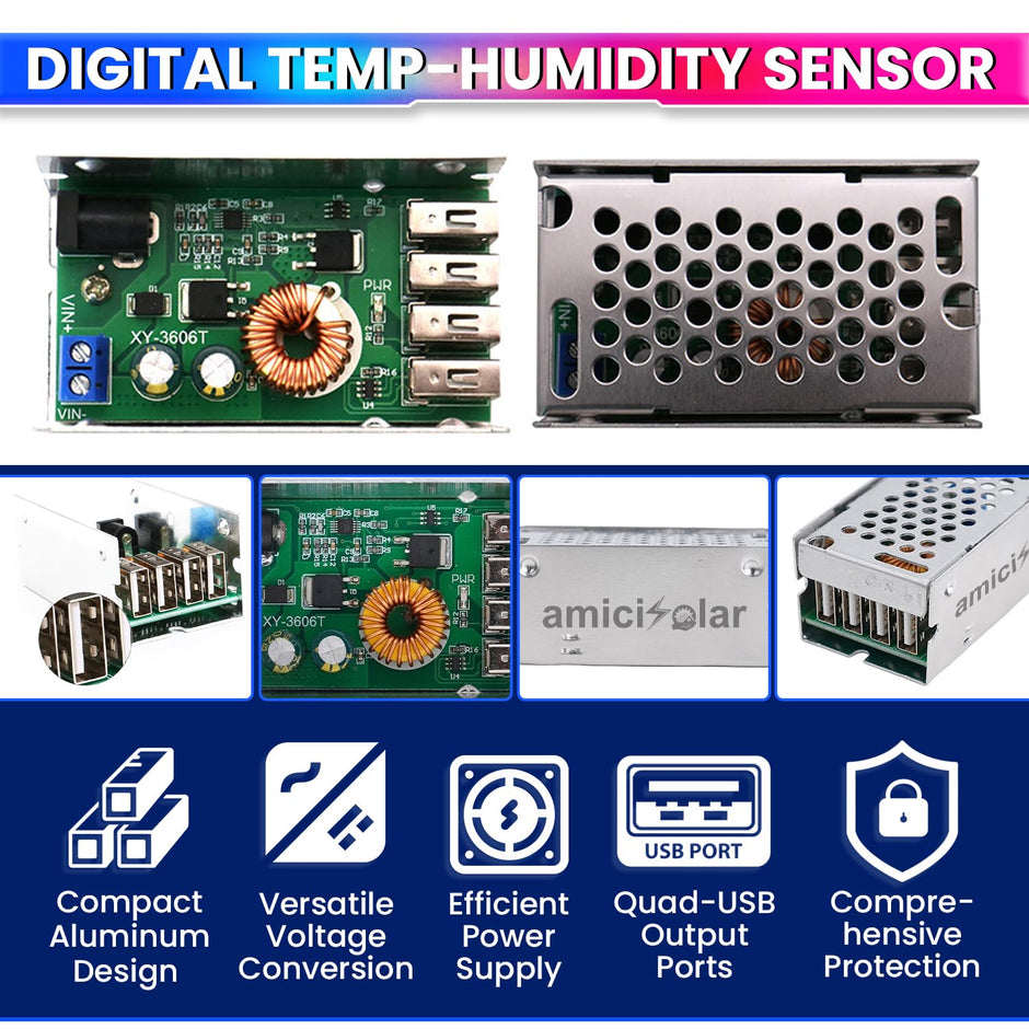 9~36V DC Buck Converter, Step-Down Module with 4 USB Ports, Max Output Power 5A/5.2V/25W