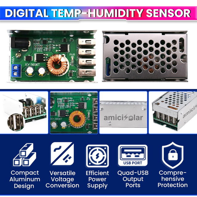amiciSolar 9~36V DC Buck Converter, Step-Down Module with 4 USB Ports, Max Output Power 5A/5.2V/25W
