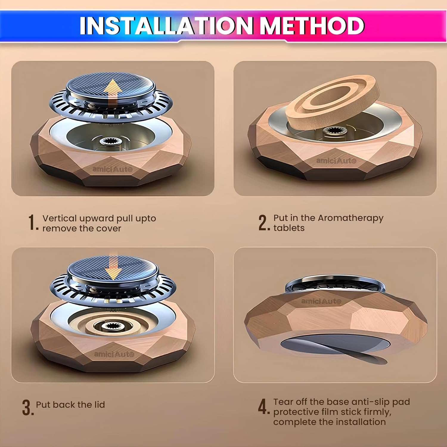 Rotating Car Air Freshener with Natural Walnut Body, Solar Powered Aromatherapy Diffuser