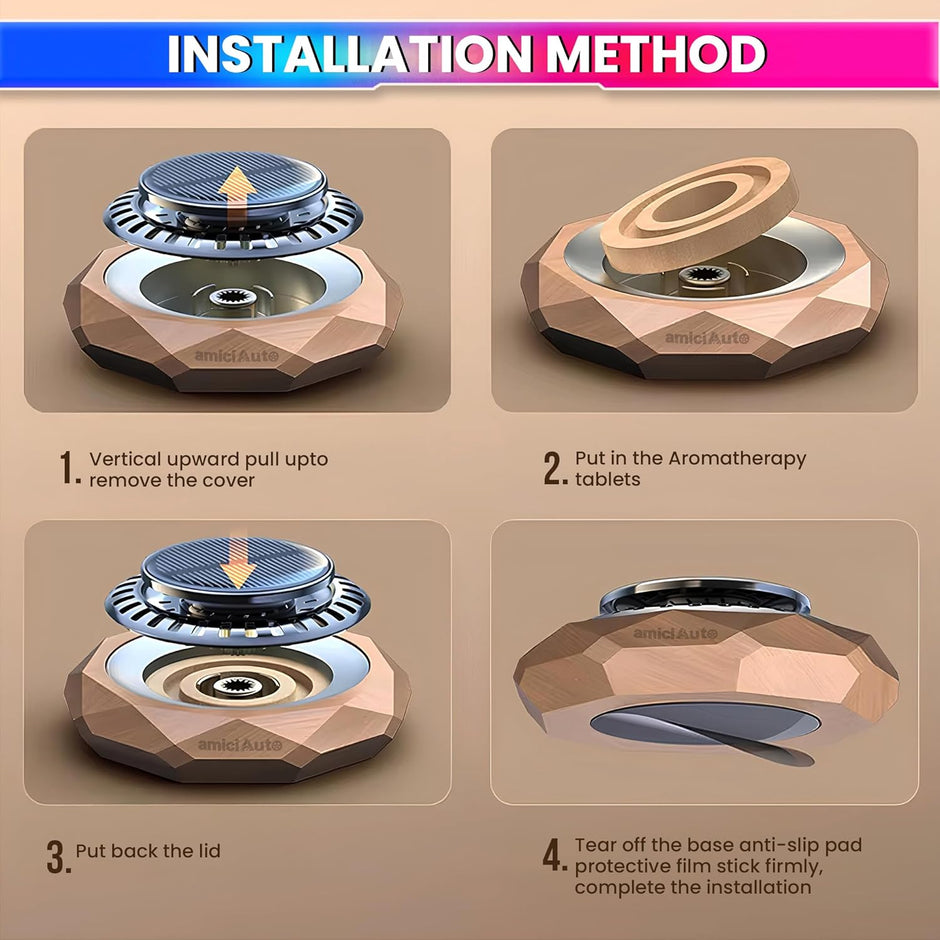 Rotating Car Air Freshener with Natural Walnut Body, Solar Powered Aromatherapy Diffuser
