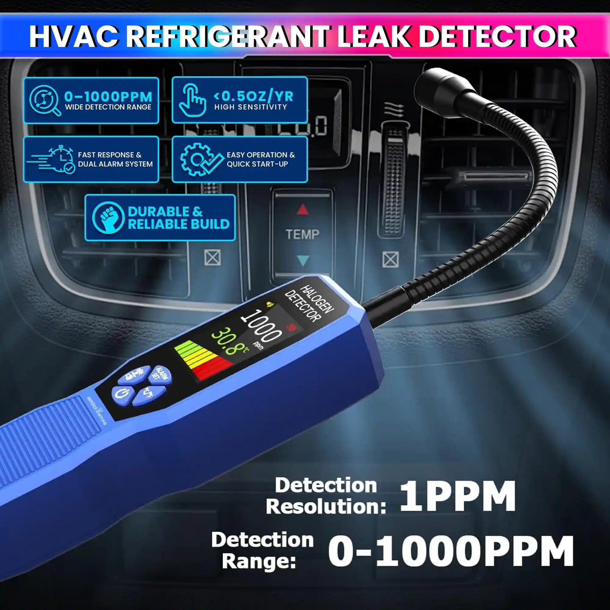 HVAC Refrigerant Leak Detector Freon Gas Sniffer for R134a, R410A, R22, R32, R1234yf Halogen Gas Leak Tester for Car AC, Refrigeration