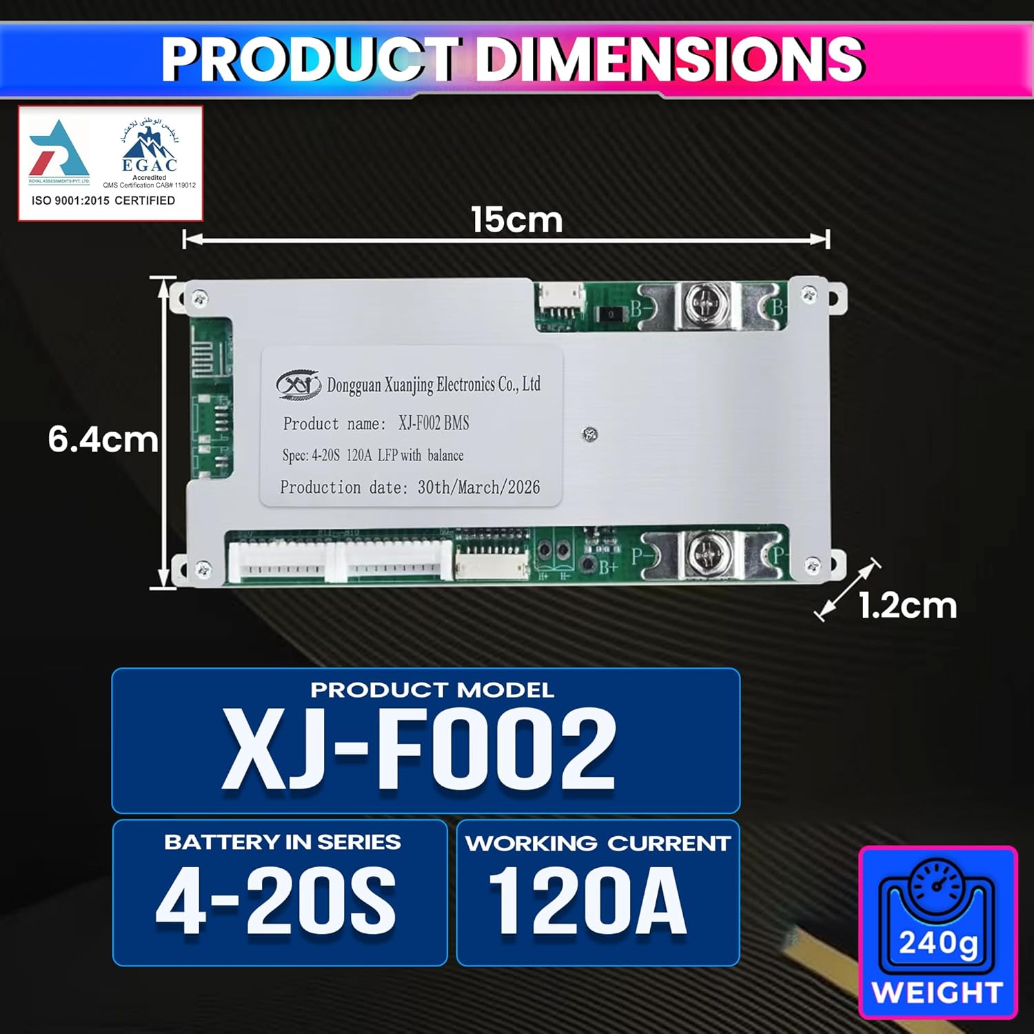4S–20S 120A Smart BMS for LiFePO4 Battery Pack |  Cell Balancing with NTC Protection