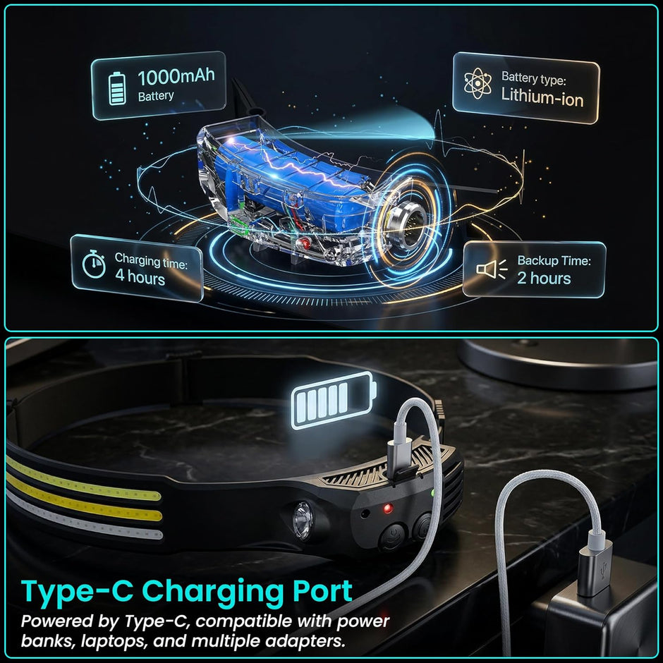 Rechargeable LED Headlamp with 3 COB Lights, Motion Sensor & USB-C Charging