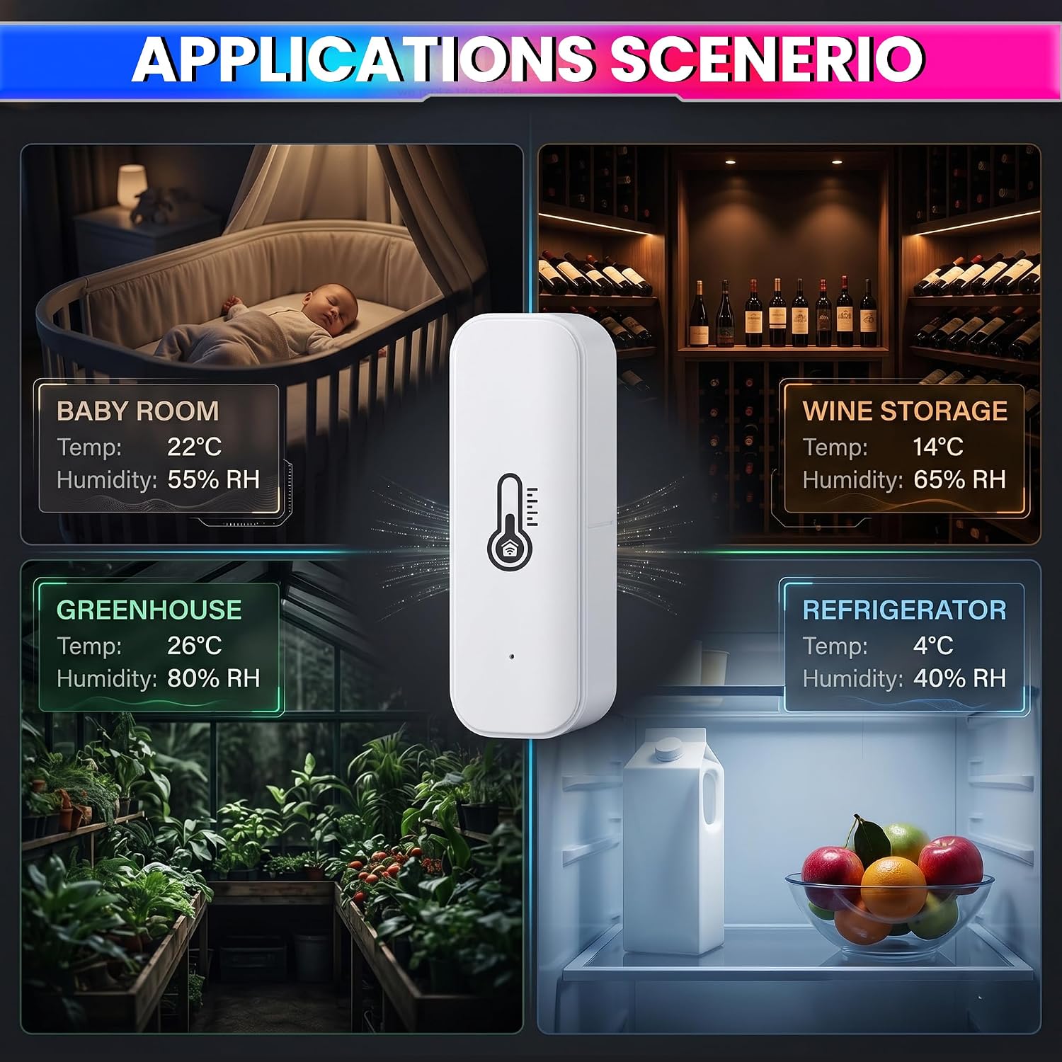 WiFi Smart Temperature & Humidity Sensor with 90cm External Probe, App Alerts