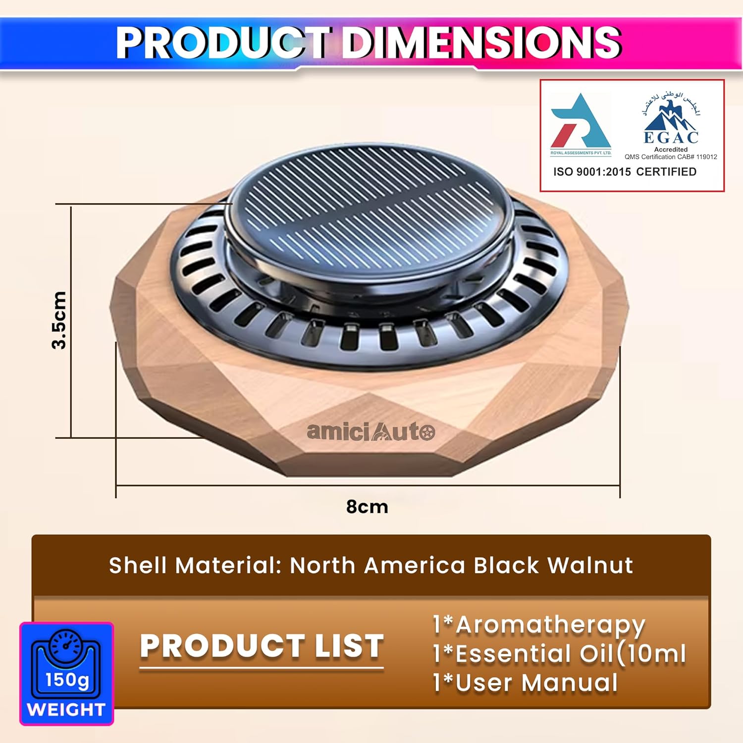Rotating Car Air Freshener with Natural Walnut Body, Solar Powered Aromatherapy Diffuser