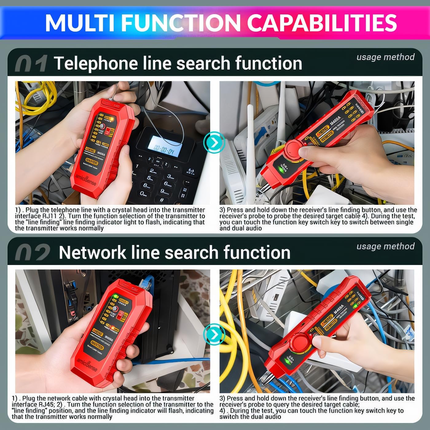 Network Cable Tracker, Wire Break Point Tester for Network Cable (RJ45), Ethernet LAN, Telephone Line (RJ11) with Flashlight
