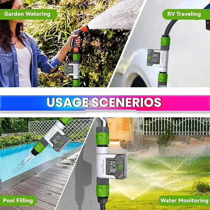 WiFi Garden Hose Water Flow Meter – LCD & App Tracking, Usage Alerts, 3/4” Hose Compatible