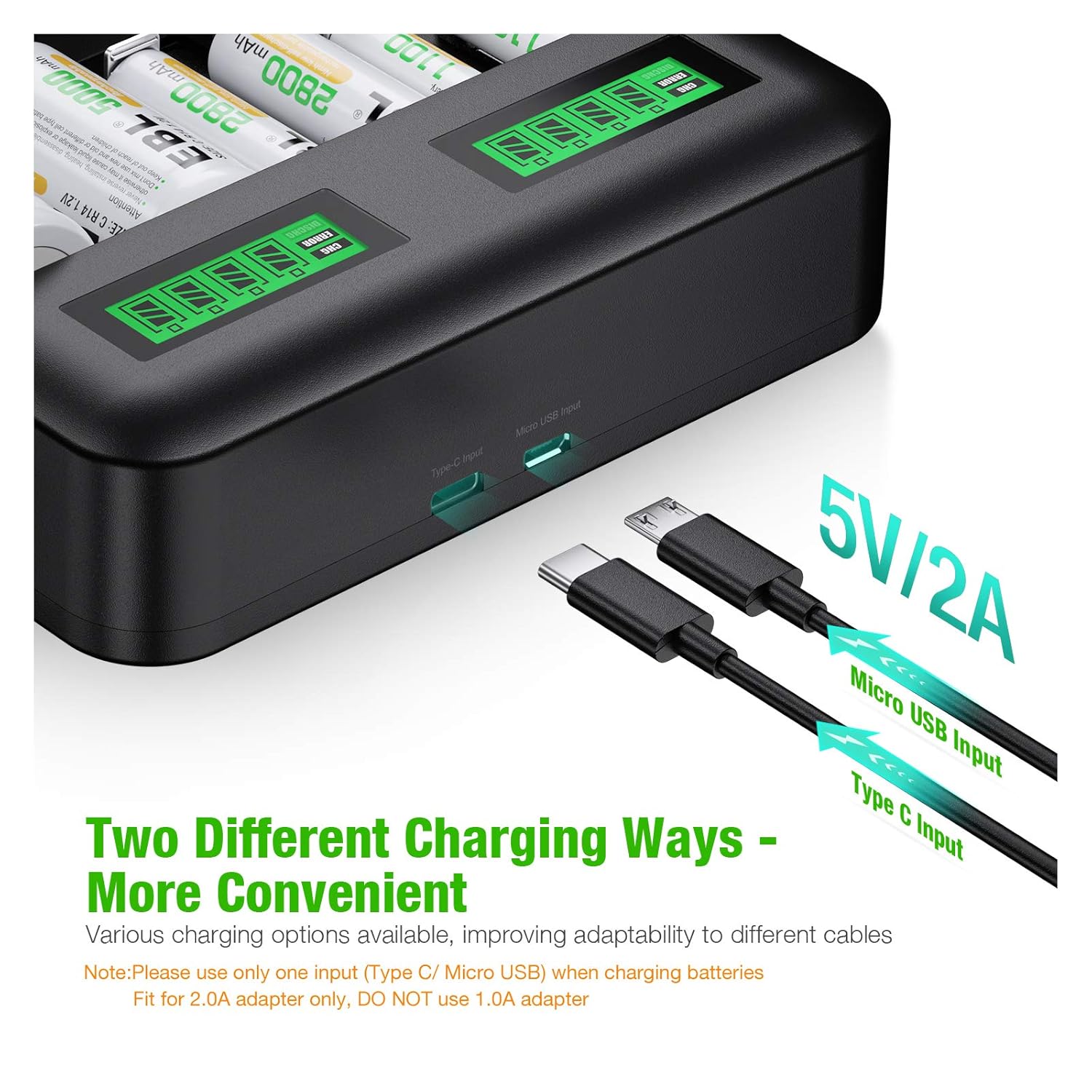 EBL LCD Universal Battery Charger - 8 Bay AA AAA C D Battery Charger for Rechargeable Batteries with 2A USB Port, Type C Input, Fast Battery Charger