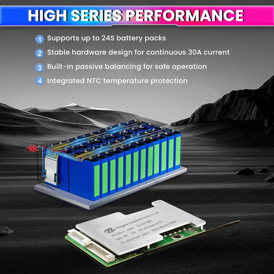 6S–24S LiFePO4 BMS 30A Battery Protection Board for 24V–72V Battery Packs
