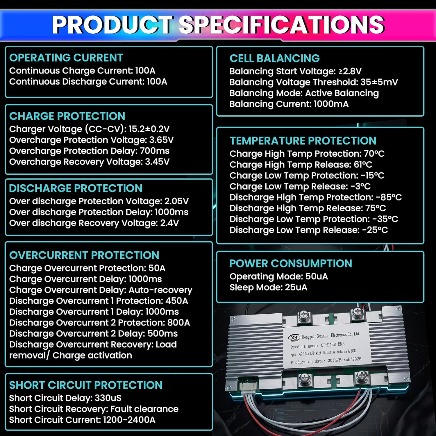 4S 12V 100A BMS for LiFePO4 Battery with 1A Active Balancer