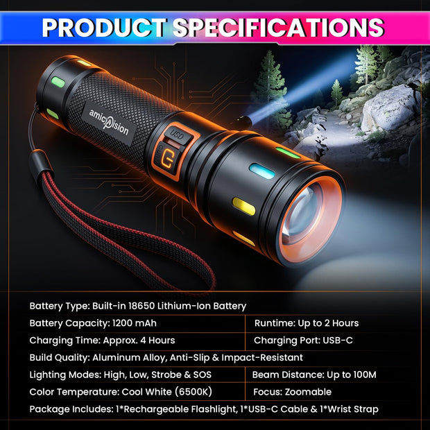 Rechargeable LED Flashlight 1200mAh 100m Zoomable Torch with 4 Modes