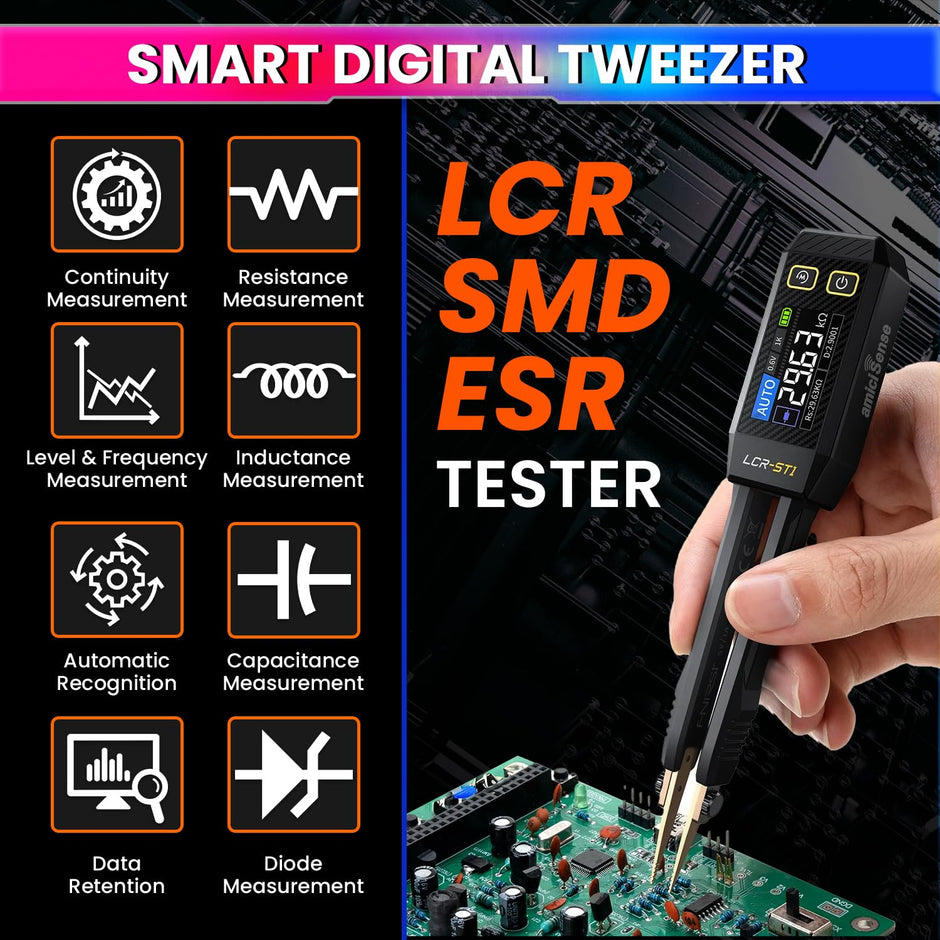 amiciSense LCR-ST1 Mini Smart Digital Tweezer – SMD LCR & ESR Tester with Auto Recognition, 1.14” Color Display & USB-C Charging
