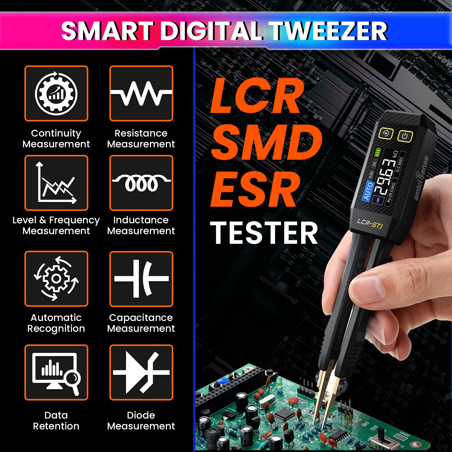 LCR-ST1 Smart Tweezer – SMD LCR/ESR Tester with Auto Recognition, 1.14'' Display, USB-C amiciKart
