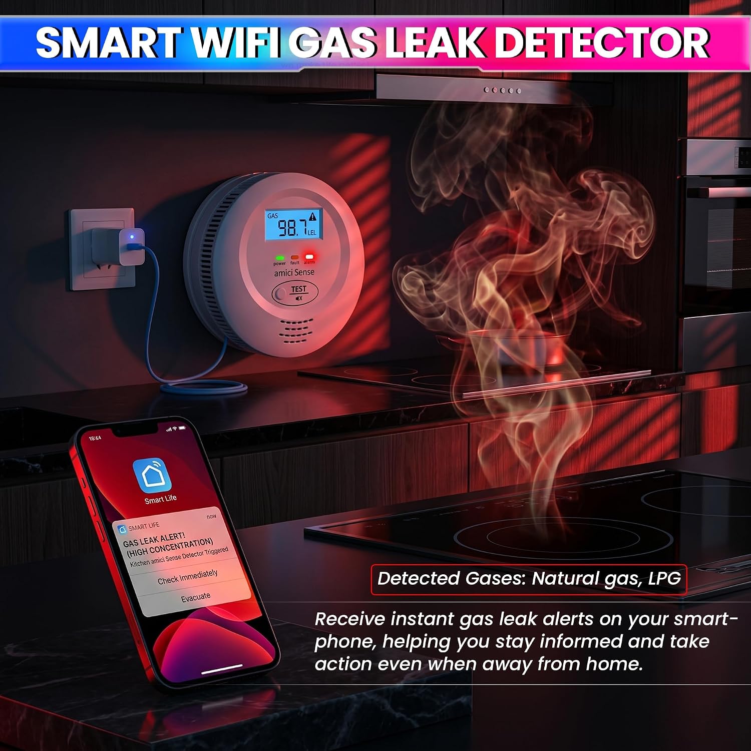 WiFi Smart Gas Leak Detector with App Alerts, 100dB Alarm & LCD Display