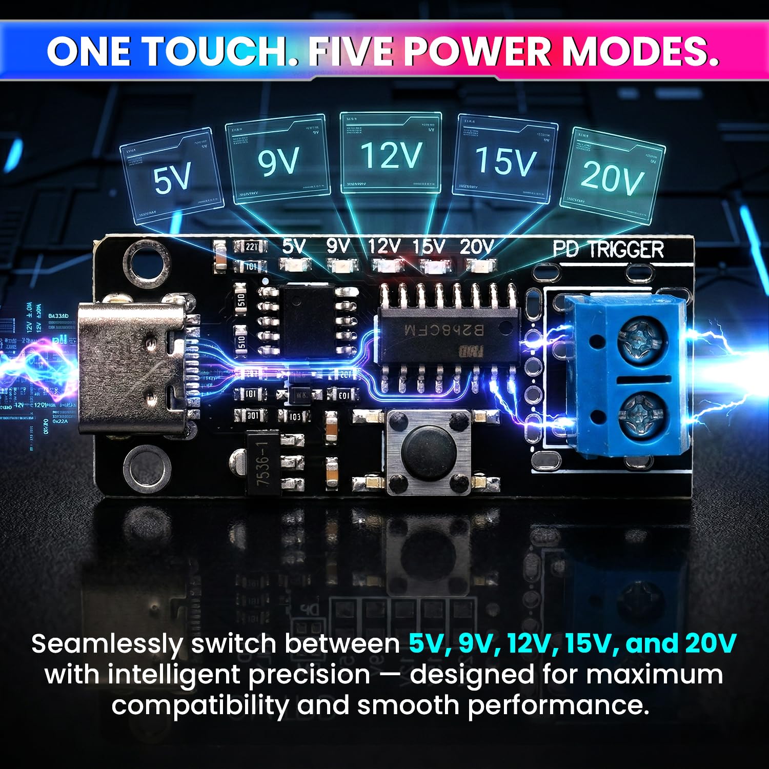 USB-C PD Trigger Module 100W | 5V-20V Adjustable Output | amiciKart