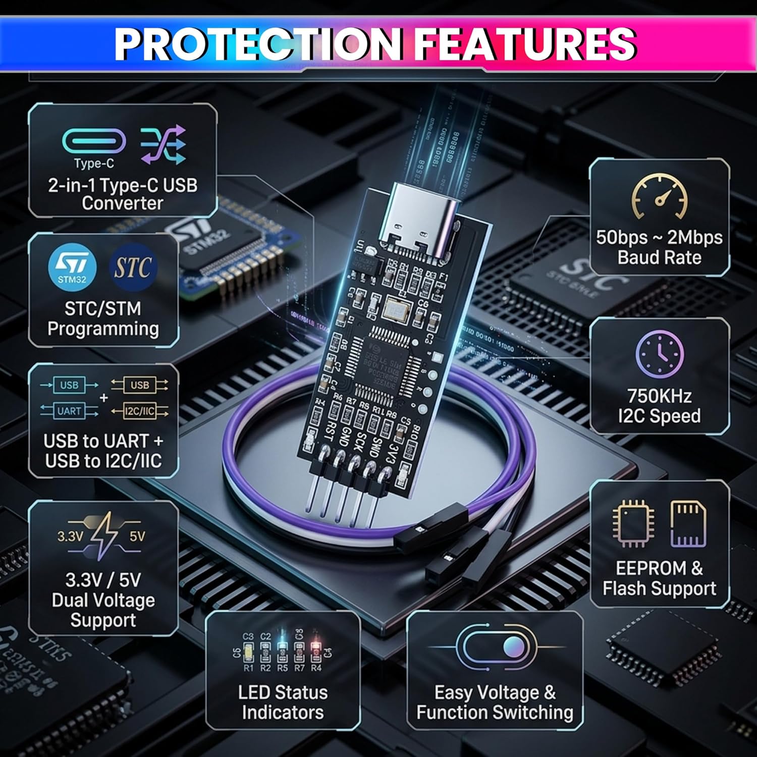 CH341T Type-C USB to UART TTL & I2C Converter Module with 3.3V/5V Selection | Serial Programmer