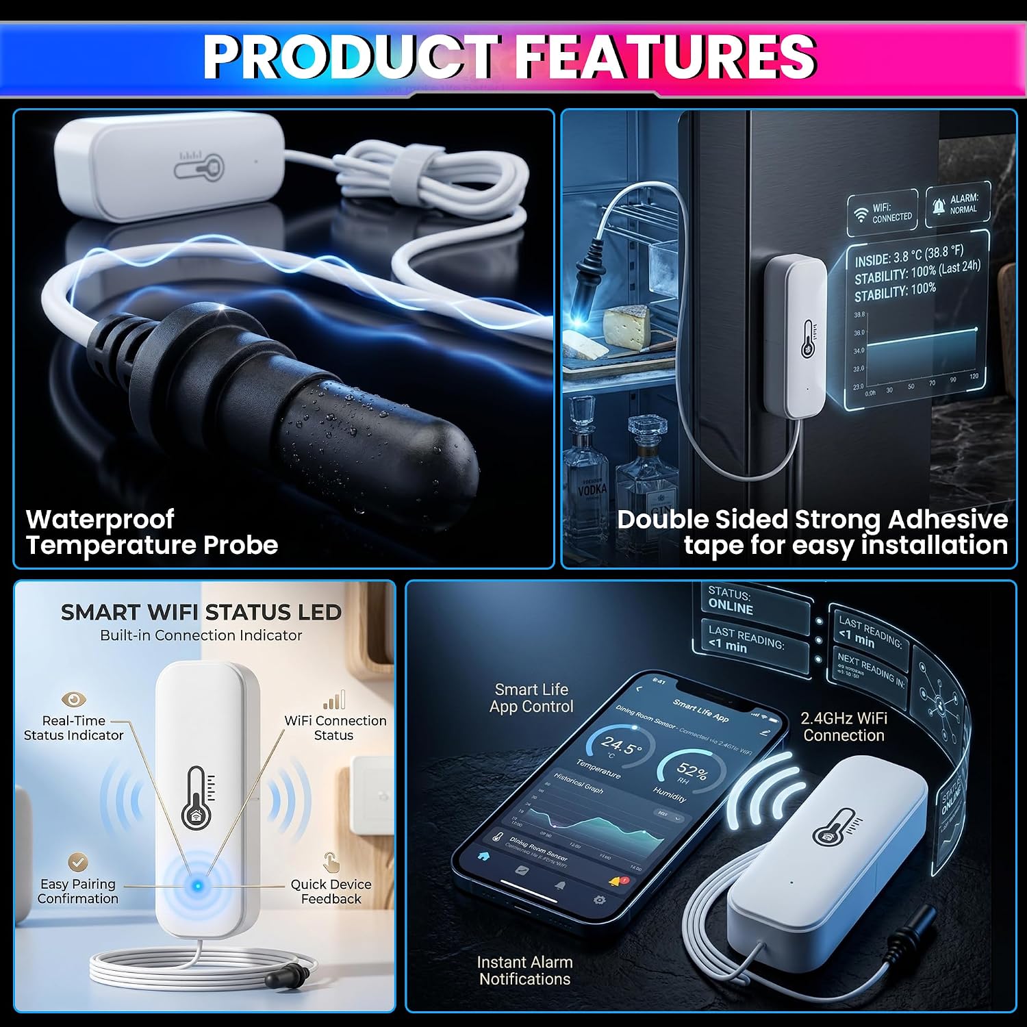 WiFi Smart Temperature & Humidity Sensor with 90cm External Probe, App Alerts