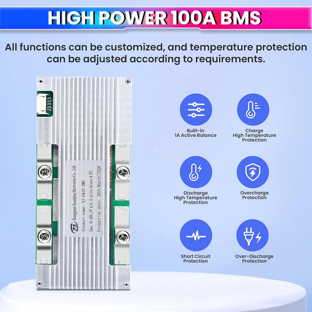 4S 12V 100A BMS for LiFePO4 Battery with 1A Active Balancer