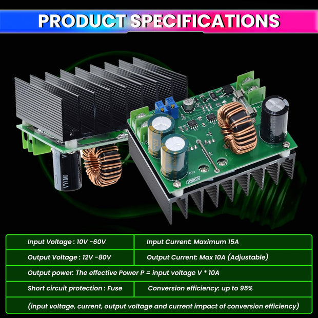 amiciSolar 600W DC-DC Boost Converter Power Supply Module, Step-Up Voltage Regulator 9V-60V to 12V-80V, Adjustable Current & Voltage, 10A Output