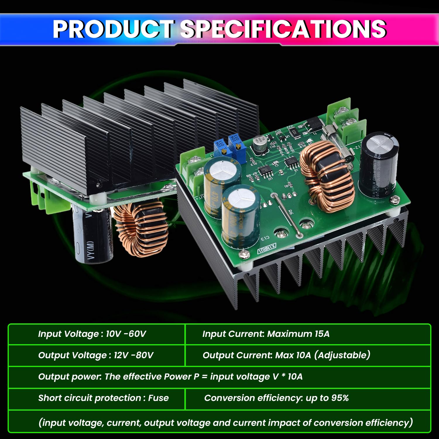 600W DC-DC Boost Converter, Step-Up Voltage Regulator 9V–60V Input to 12V–80V Output High-Efficiency Power Module amiciKart