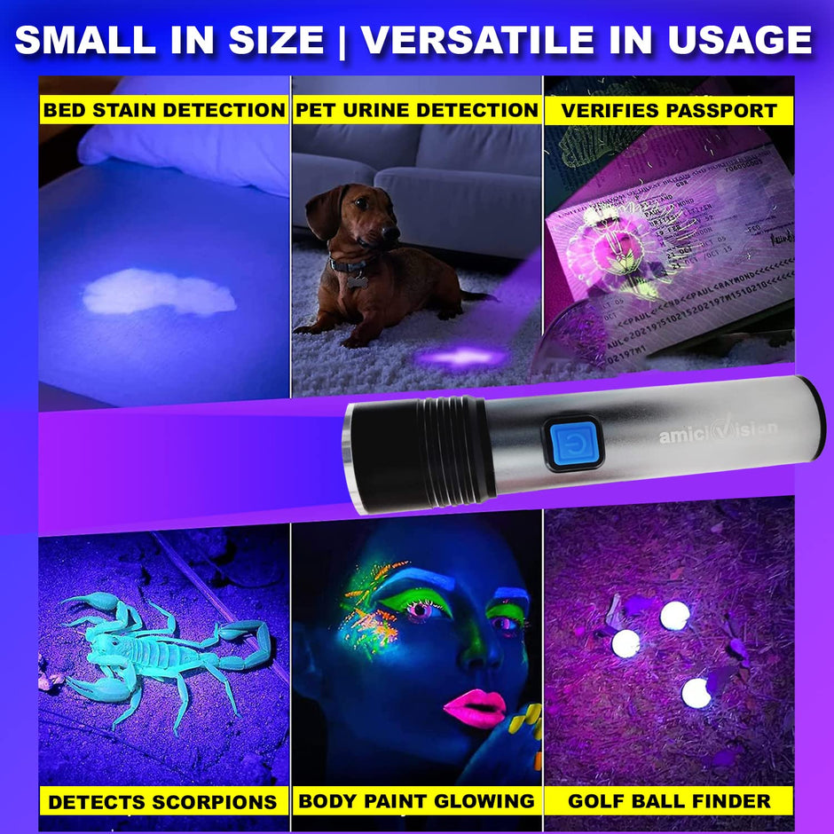 Rechargeable UV Flashlight 395~400nm Light Torch with 4 Modes & Zoom Function amiciKart