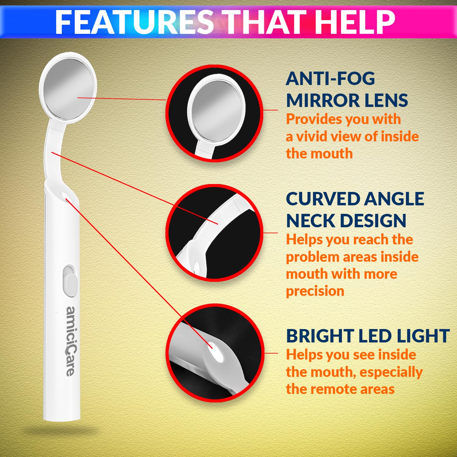 Dental Inspection Mirror with LED Light - Anti-Fog Oral Mirror for Teeth Inspection amiciKart