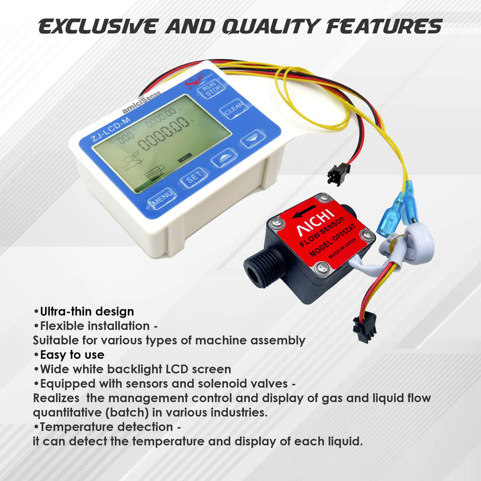 amiciSense Flow Meter, Digital Display Quantitative Controller with G1/2 Sensor, Stop Valve, Power Adapter for Water, Oil, etc. (For All Liquids)