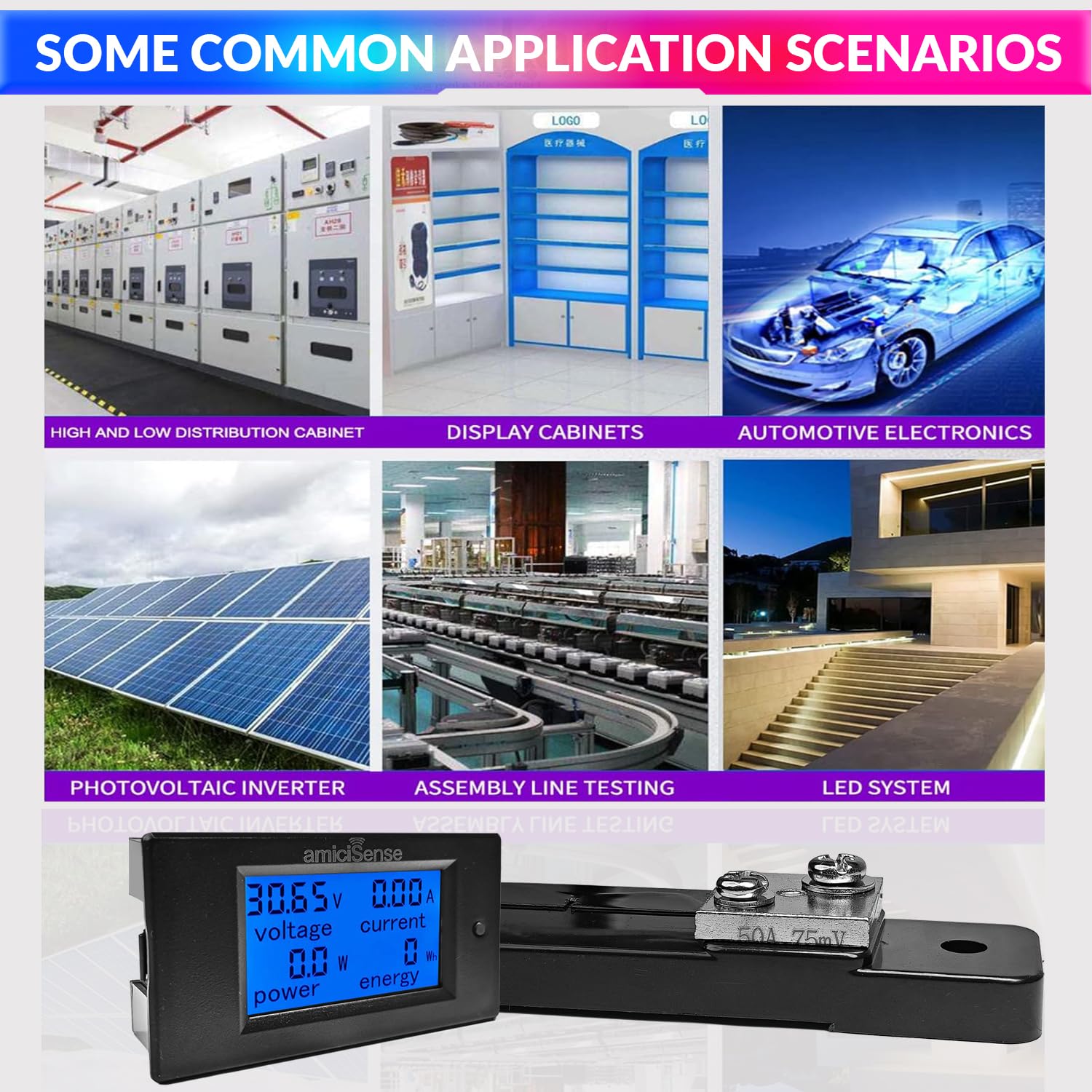 DC Energy Meter 4 in 1, 6.5V-100V 50A (5kW) Power Meter Digital Display with Blue Back Light amiciKart