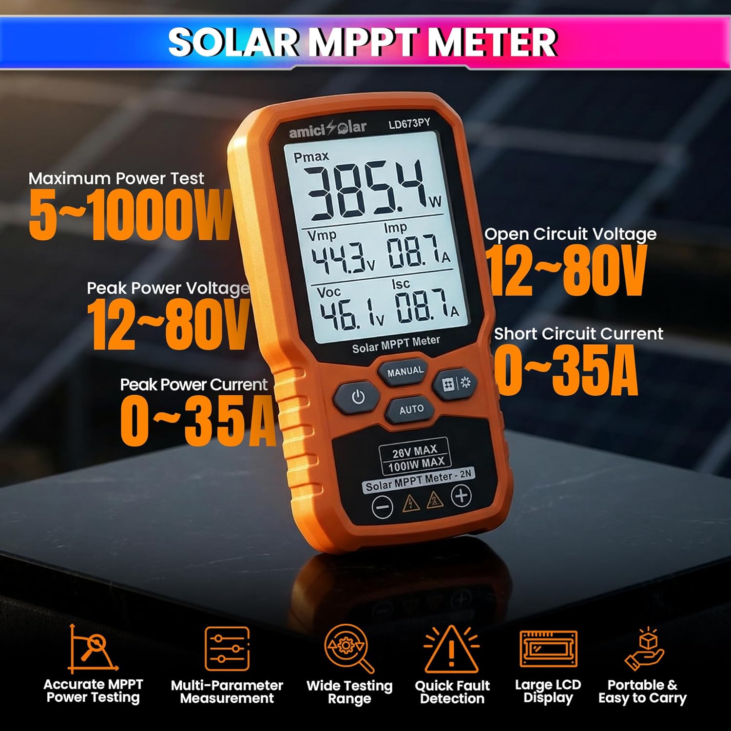 Solar MPPT Meter 12–80V DC 1000W Photovoltaic Tester with LCD Display