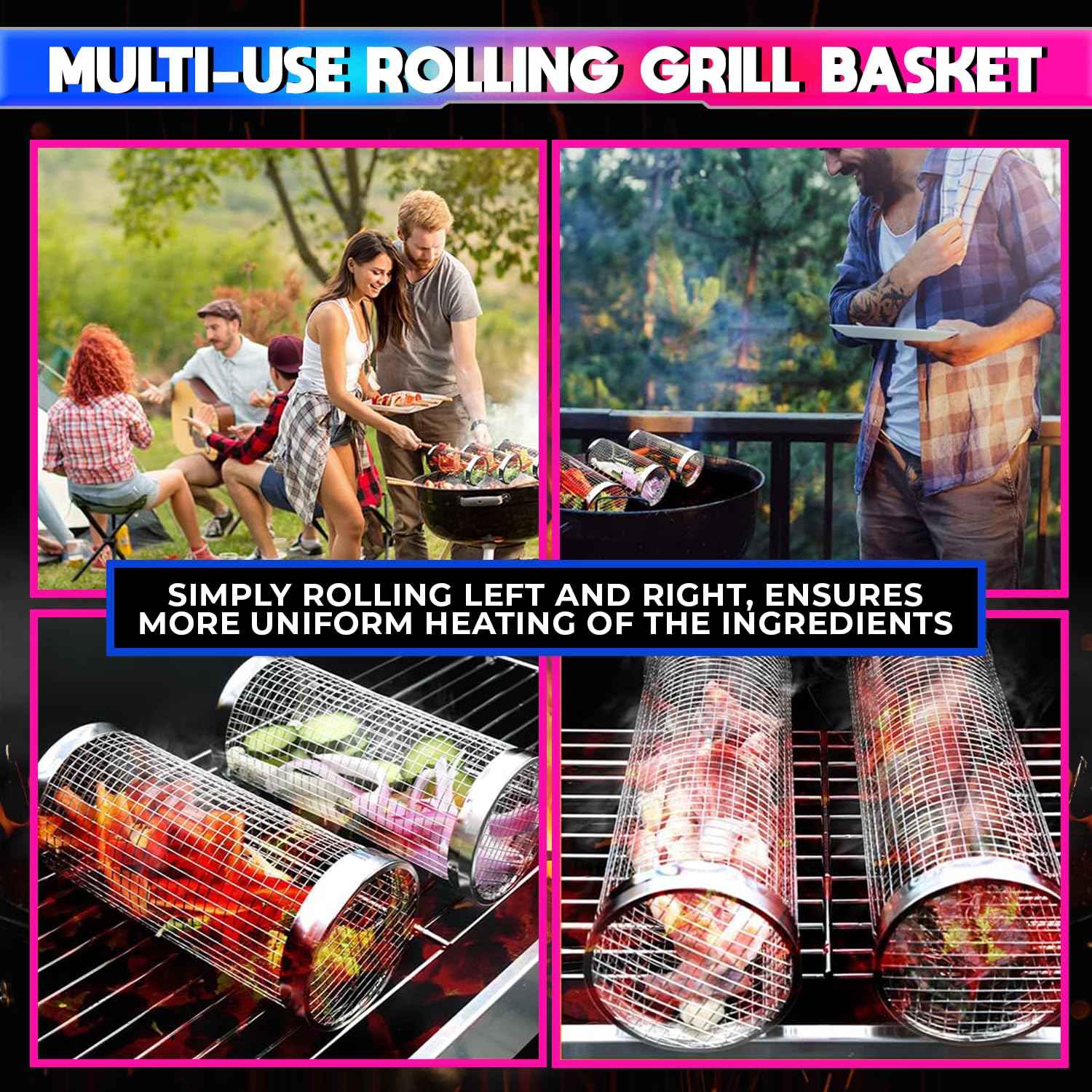 Stainless Steel Rolling Grill Basket: Convenient BBQ Accessory for Perfectly Grilled Foods amiciKart