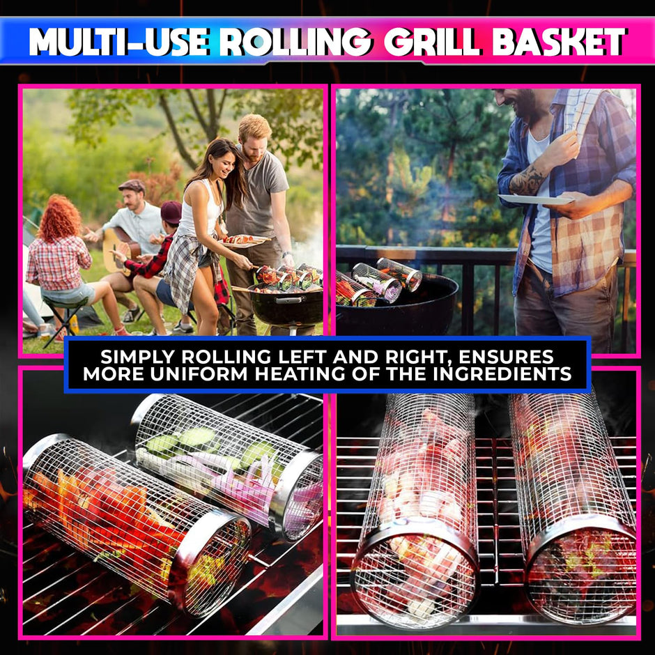 Stainless Steel Rolling Grill Basket: Convenient BBQ Accessory for Perfectly Grilled Foods amiciKart