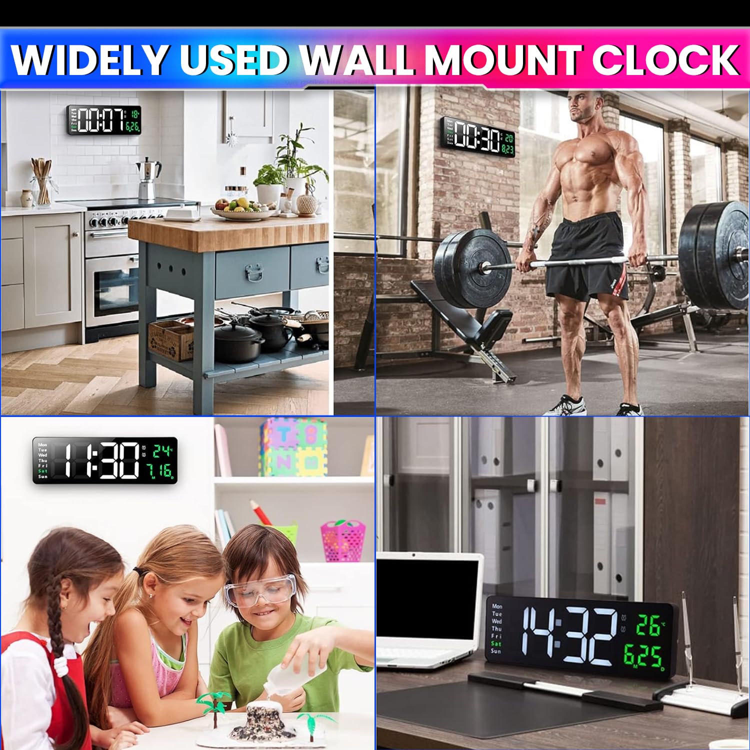 Remote Controlled LED Wall Clock - Day Date Month Temperature Display | Dual Alarm
