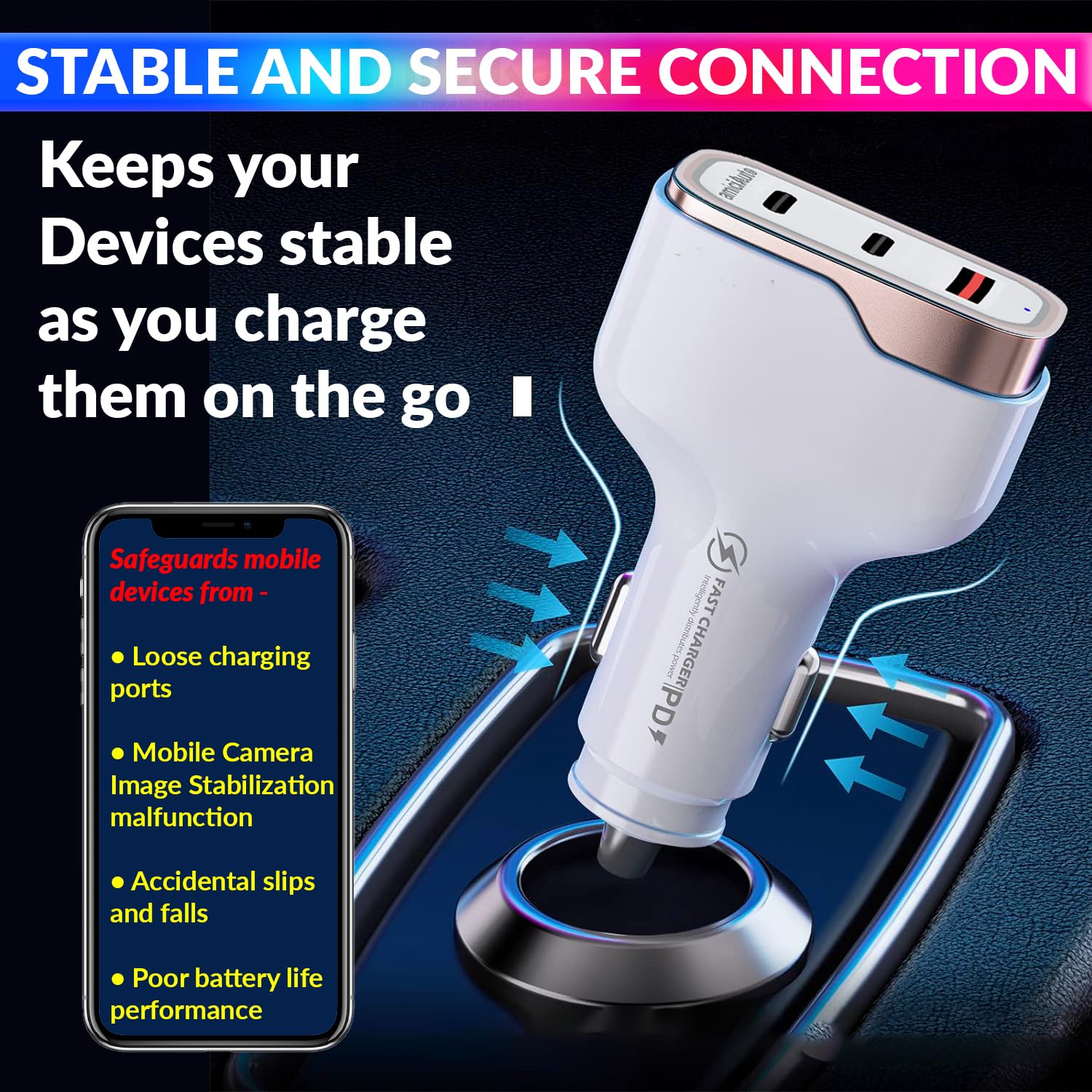 138W Car Charger with PD 3.0/PPS, 105W Dual PD Charging Port, and 18W USB-A QC 3.0 Port