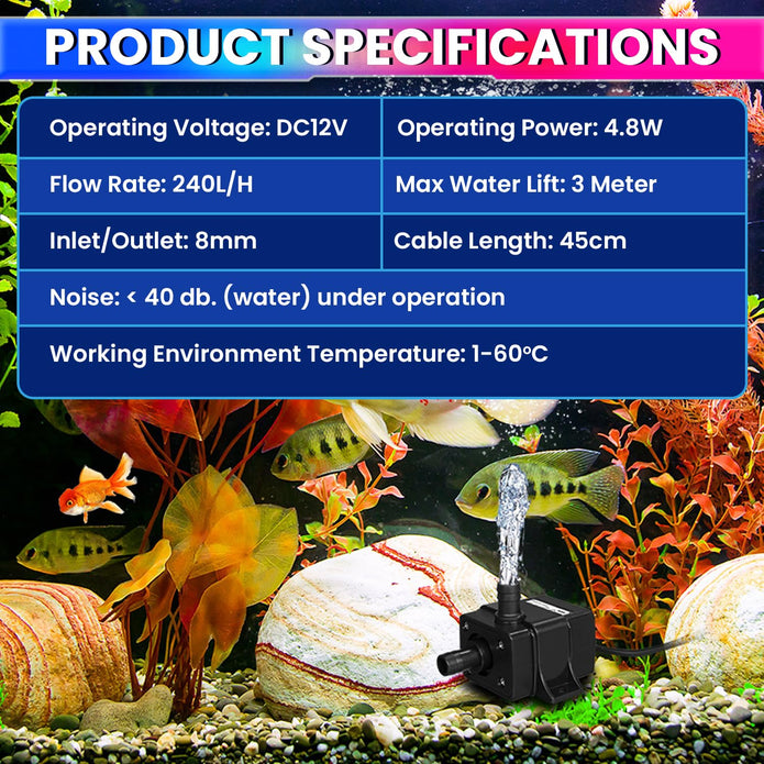 12V DC Brushless Submersible Water Pump, 4.8W Motor 240LPH Flow Rate, 3M Lift Height & Ultra-Quiet Operation