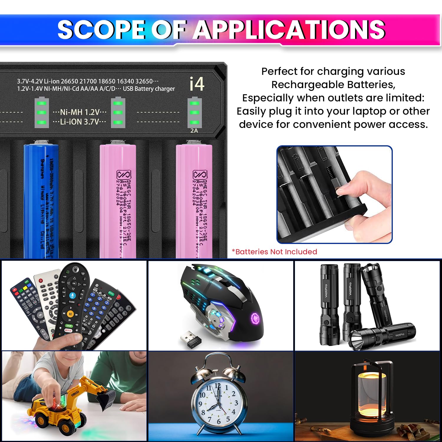 18650 Battery Charger with LED & Adjustable Speed up to 2A, for AA/AAA Rechargeables Battery