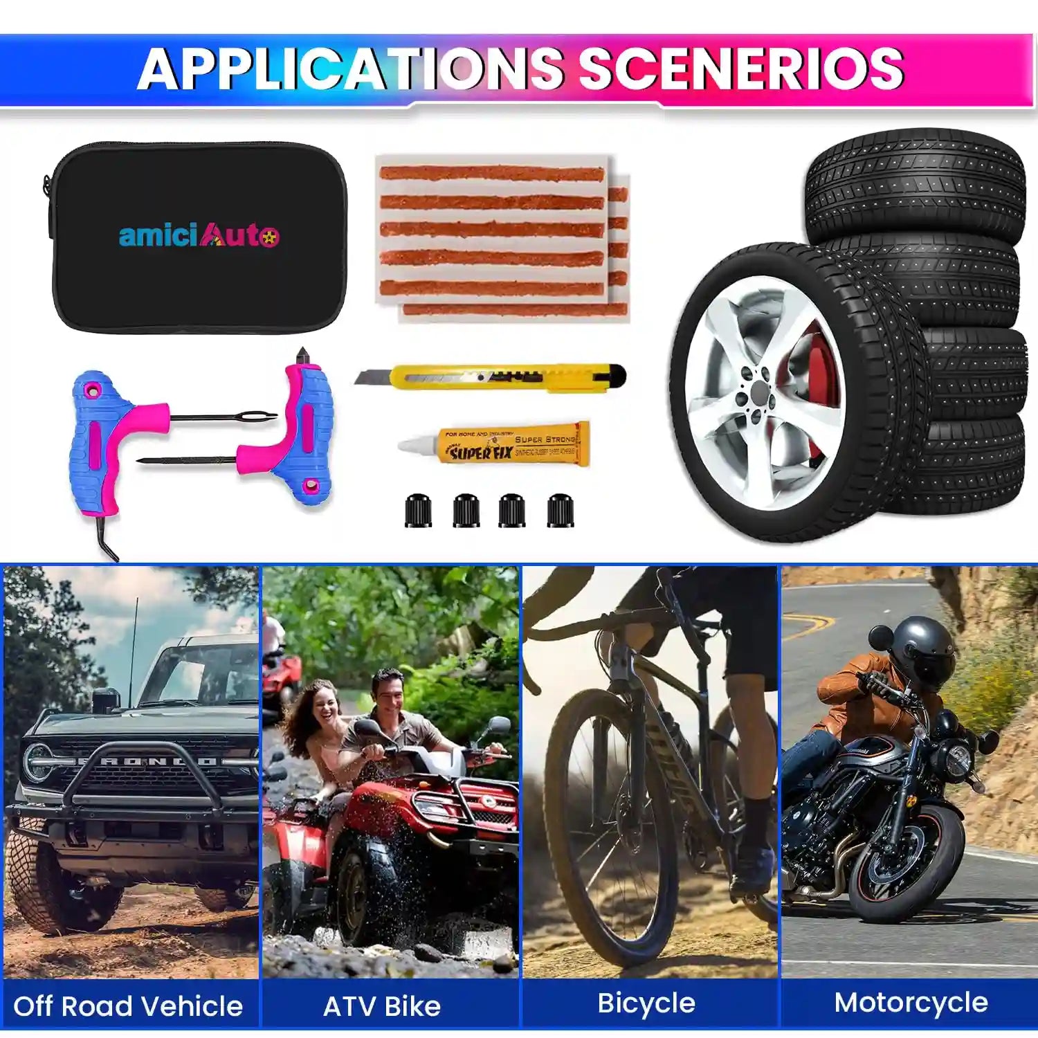 Tubeless Tyre Puncture Repair Kit – Heavy-Duty 4-in-1 Reamer, Probe, Cutter & Valve Caps Motorcycle & Car Tyre Repair Set