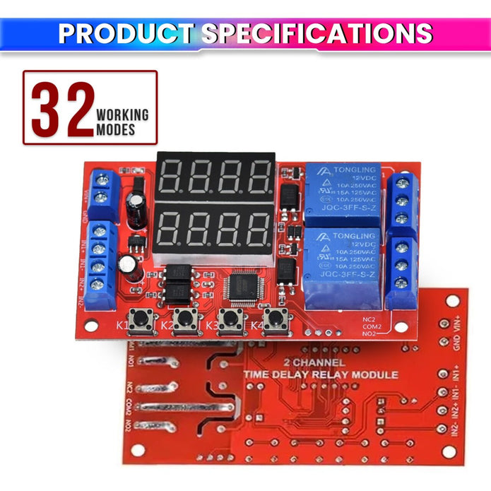 12V 10A Adjustable Time Delay Relay Module – 32 Modes Dual LED Timer Switch with Digital Display