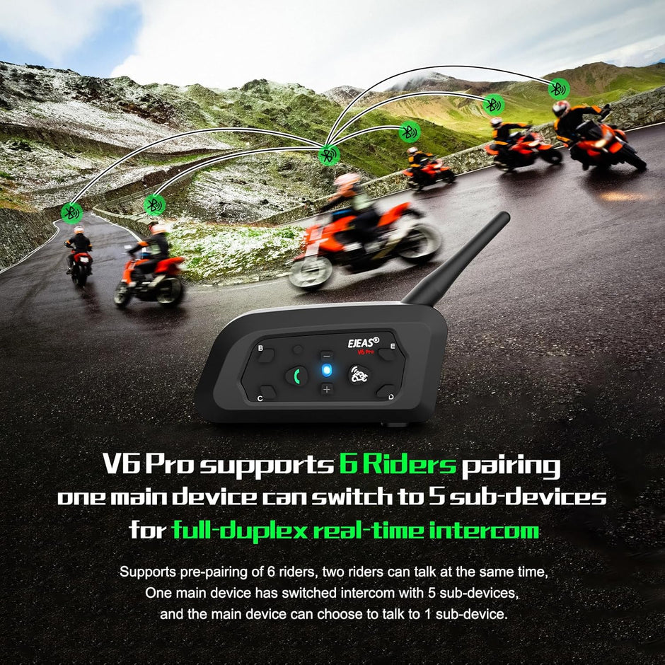 EJEAS V6 Pro Helmet Intercom Communication System V6 Motorcycle Bluetooth On Ear Headphones Connect Up to 6 Riders 1200M V6 Pro(1 Pack)