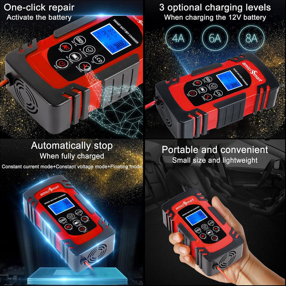 8A Automatic Car Battery Charger, 4-Stage Intelligent Battery Maintainer (12V/24V-Lead Acid Battery)