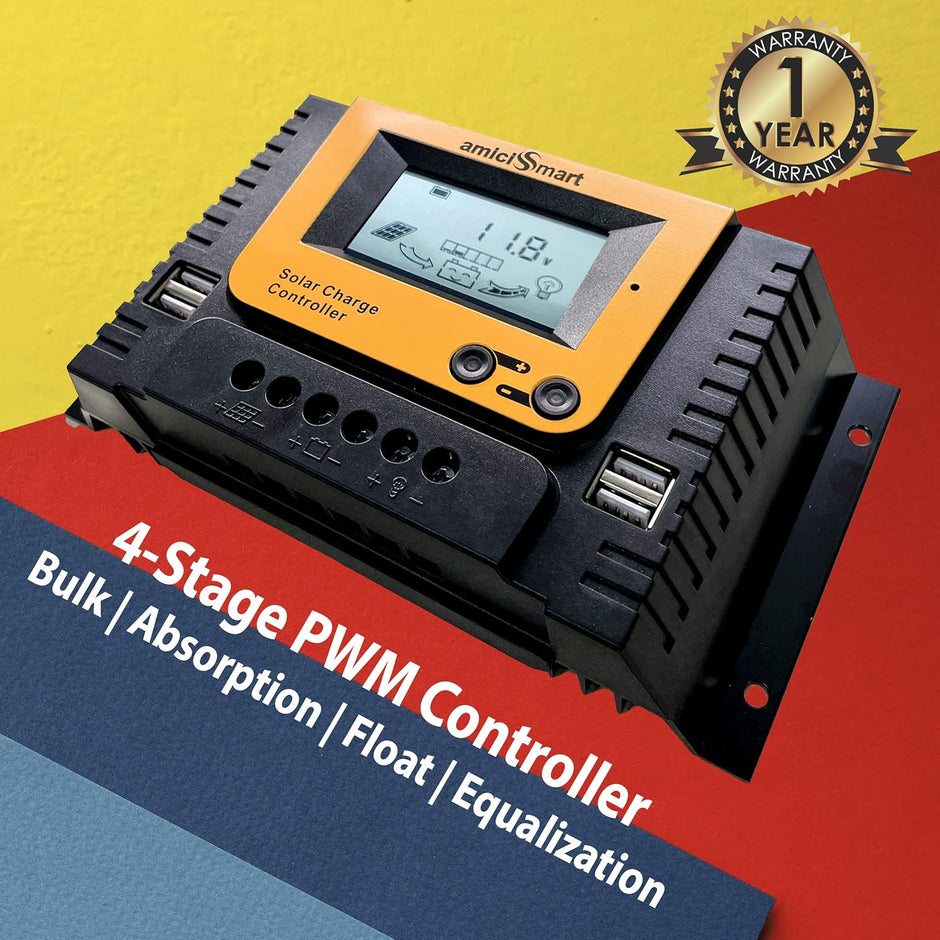 Solar Charge Controller, 4-Stage Intelligent Lithium Battery Regulator for Solar Panel with LCD Display USB Port 12V/24V/36V/48V